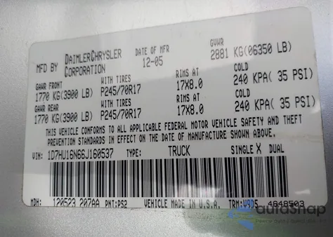 2006 Dodge Ram 1500 Slt/Trx4 Off Road/Sport из США, поврежденный, VIN 1D7HU16N66J160537